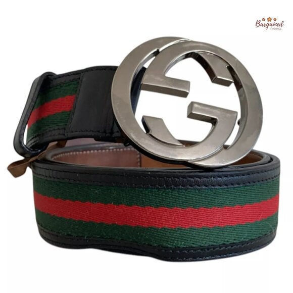 Authentic Gucci Web Canvas Black Leather Silver Interlocking G Buckle Belt 85/34